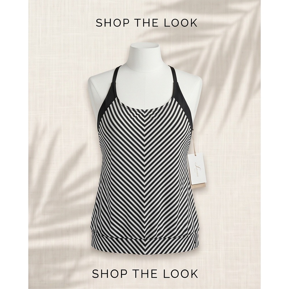 Athleta 36D/DD Black White Striped Tankini Swim Top Wokout Top Removable Pads